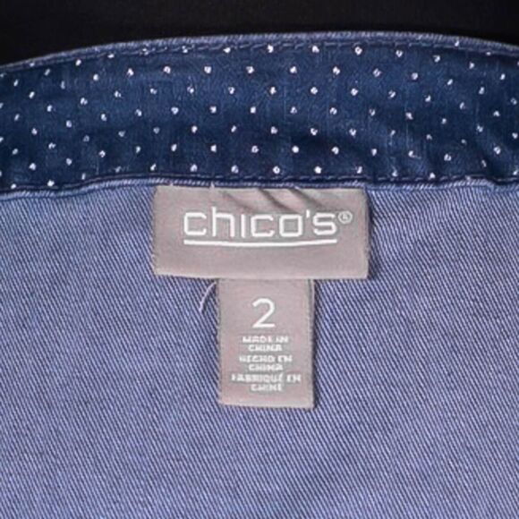Chico's Women's Denim Jacket Blue White Polka Dot Stretch Vintage Size 2 L/12 - Picture 3 of 9